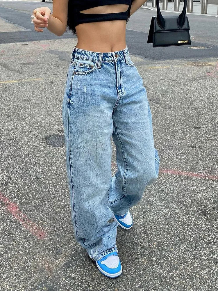 2023 New Y2K Women's Jeans Fashion Loose Denim Wide Leg Pants Street Casual Female Trousers Blue/Off White S-XL Drop Shipping