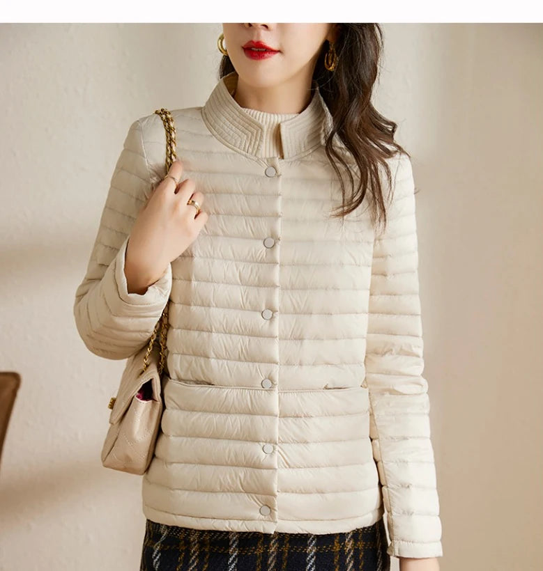 Casaco leve para baixo puffer feminino, casaco de gola em pé, fino, curto, eleg