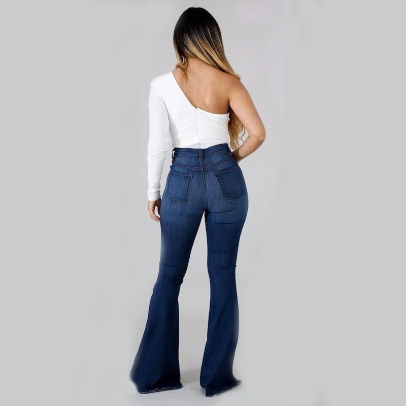 2023 New High Waist Ripped Flared Jeans For Women Fashion Slim Hip Lift Stretch Denim Pants Street Casual Female Trousers S-3XL