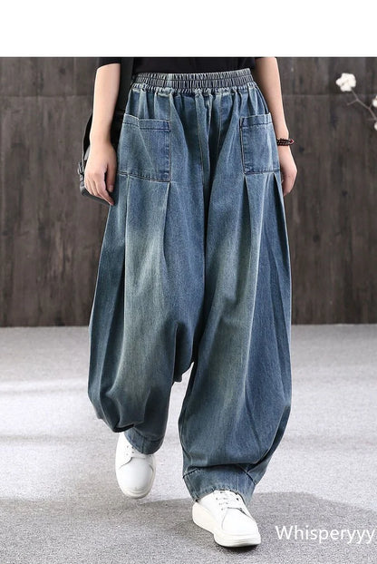 2023 New Loose Large Size Denim Wide Leg Haren Pants Female Art With Chinese Style Casual Sagging Jeans Bloomers Woman Clothing