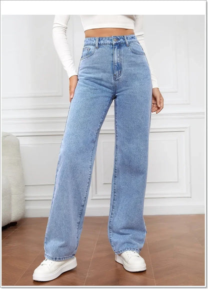 Calça jeans feminina reta de cintura alta, streetwear lavado, bolsos soltos, co