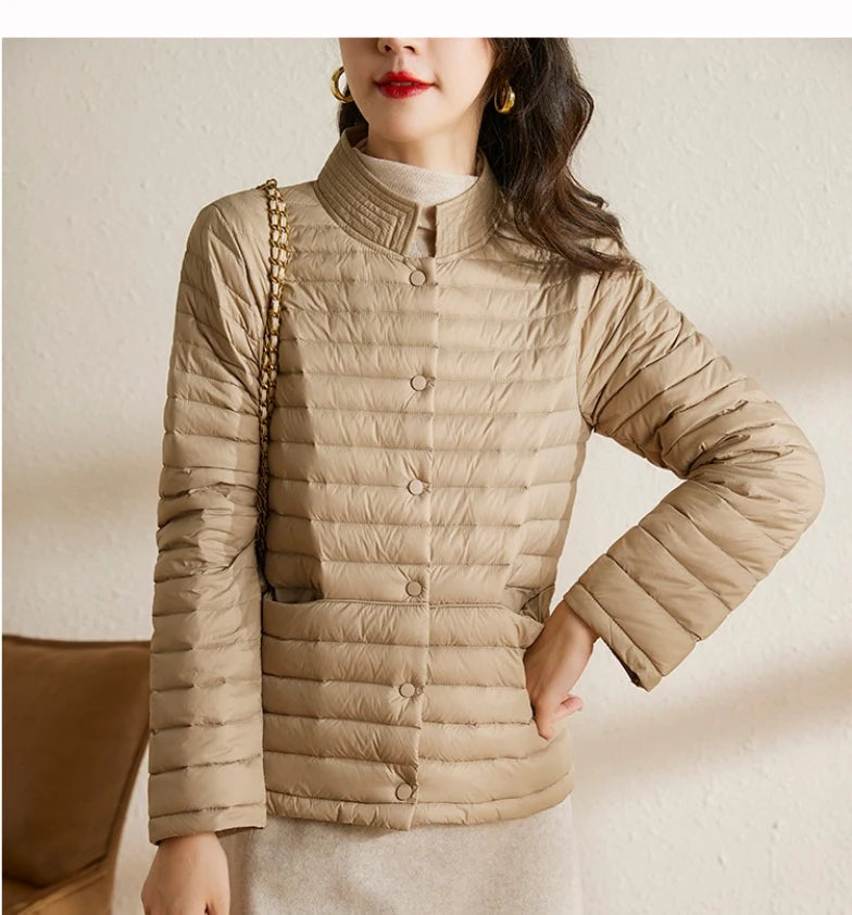 Casaco leve para baixo puffer feminino, casaco de gola em pé, fino, curto, eleg