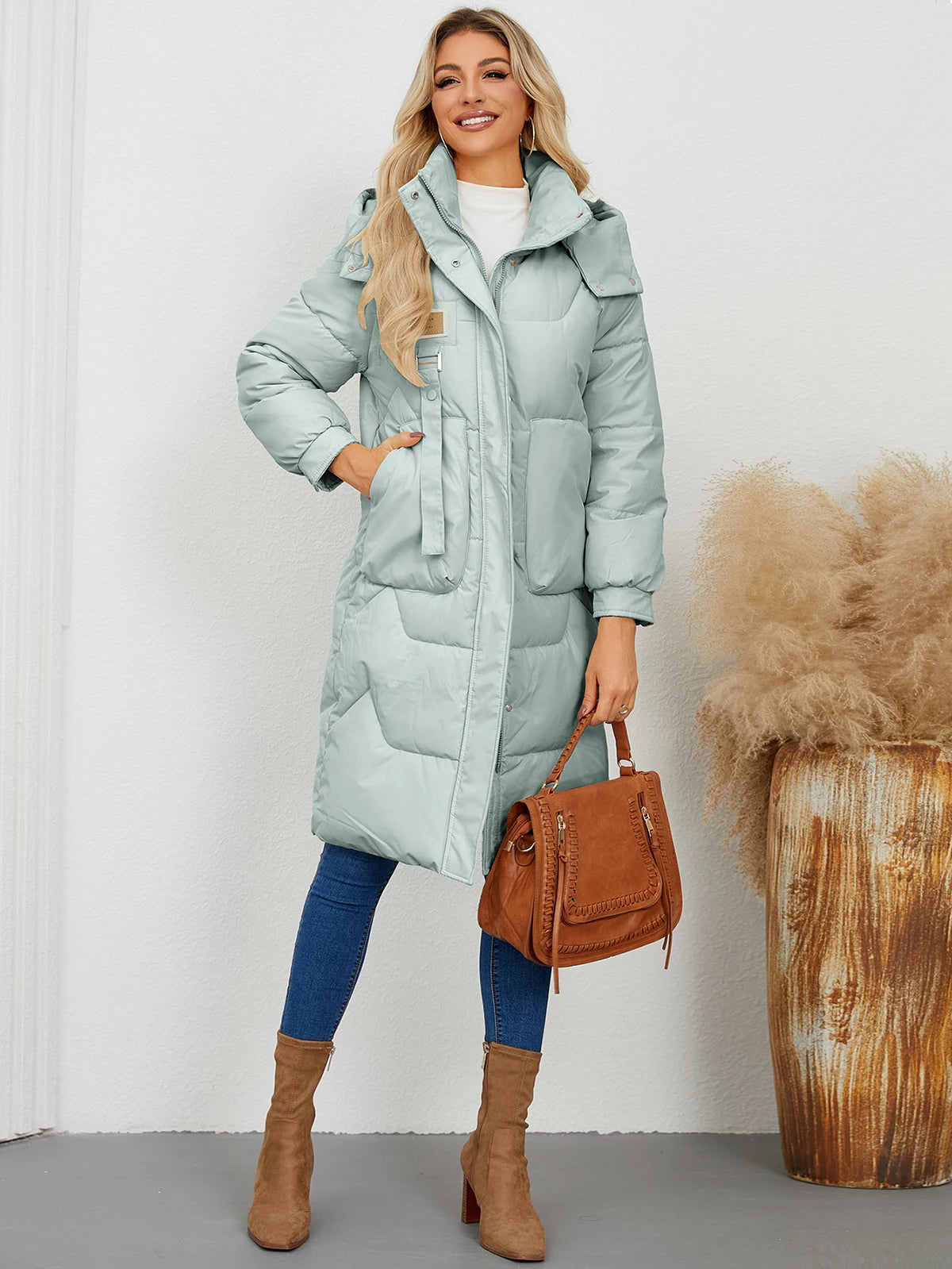 Autumn Winter Women’s Padded Jacket Stand Collar Wide-Waisted Hooded Long Coat