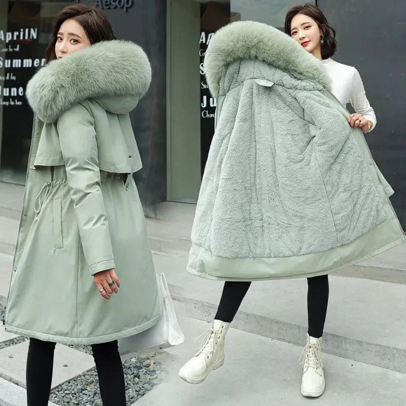 Women's Wool Hooded Jacket with Faux Fur Collar, Long Coat, Thick Warm Winter Snow Parka, Fashionable 2024 Winter Coat