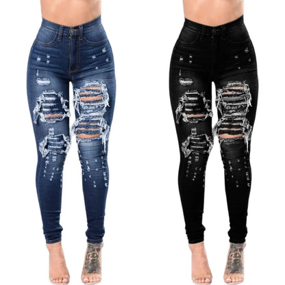 Jeans rasgado de cintura alta para mulheres, jeans skinny, calças lápis, calç