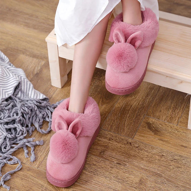 Women's Indoor Winter Fur Boots – Cozy Rabbit Slippers with Furry Ears & Fluffy Ankle Design