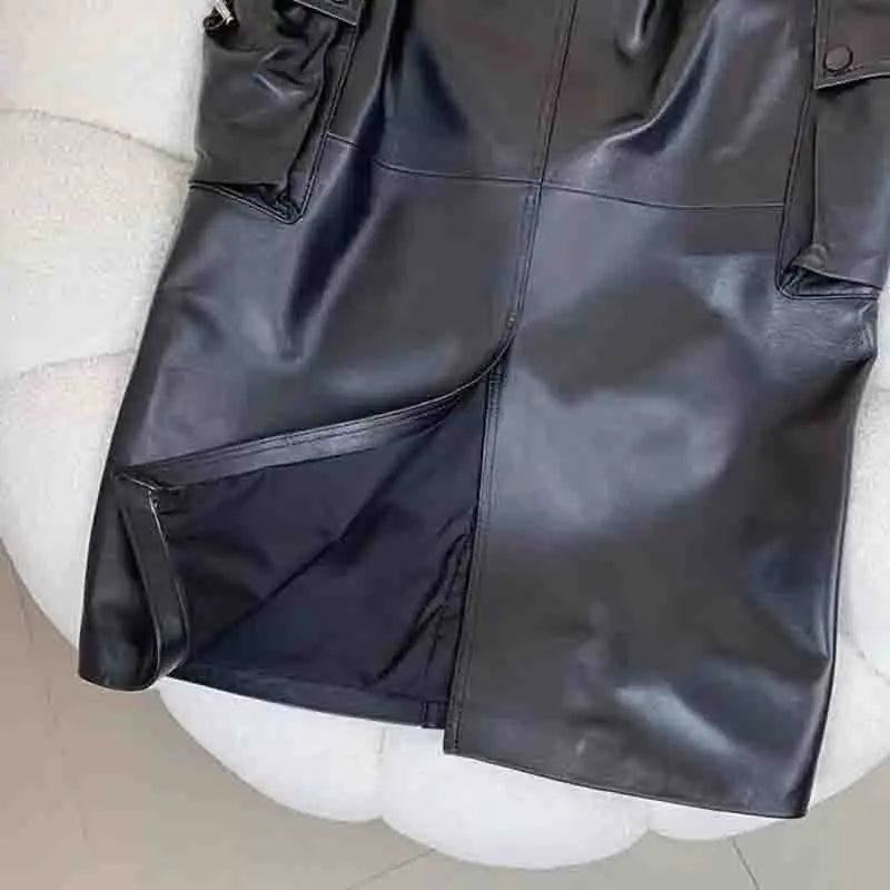 Autumn Winter Real Leather Long Skirt Black Skirt with Pockets Women Casual High