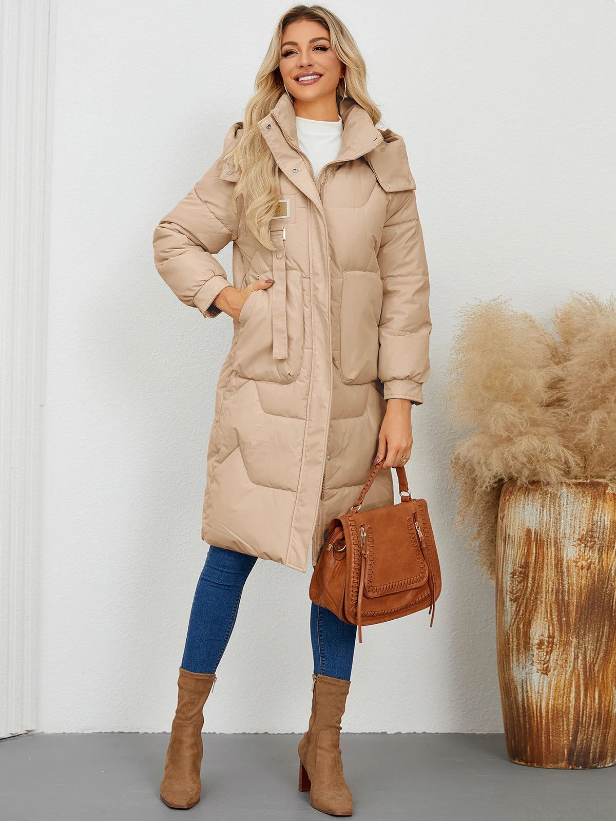 Autumn Winter Women’s Padded Jacket Stand Collar Wide-Waisted Hooded Long Coat