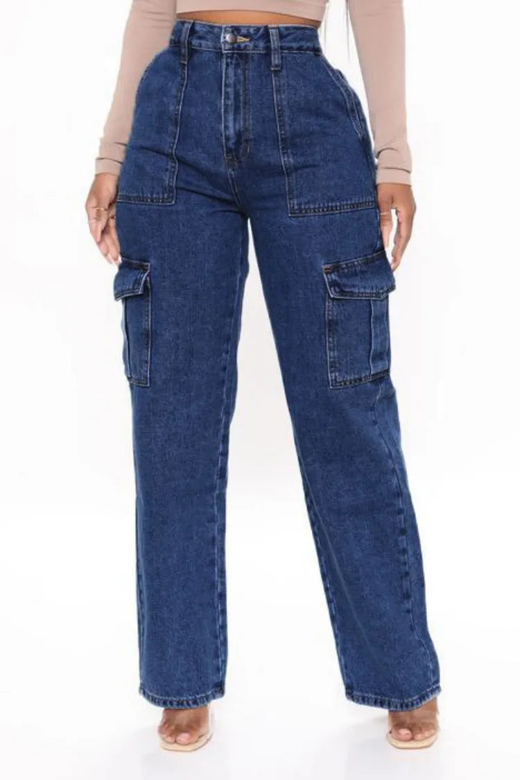 2023 New Y2K Women's High Waist Multi Pocket Cargo Jeans Fashion Loose Denim Wide Leg Pants Casual Female Trousers S-XL