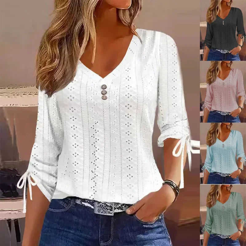 2024 Women's Long Sleeve V-Neck Blouse – Elegant Hollow-Out Bow Top with Casual Button-Up Design