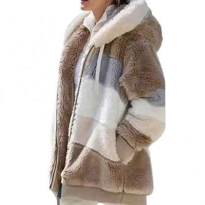 Women's Faux Fur Parka, Fall & Winter Long Sleeve, Color Block Zipper Hooded Coat, Warm and Cozy