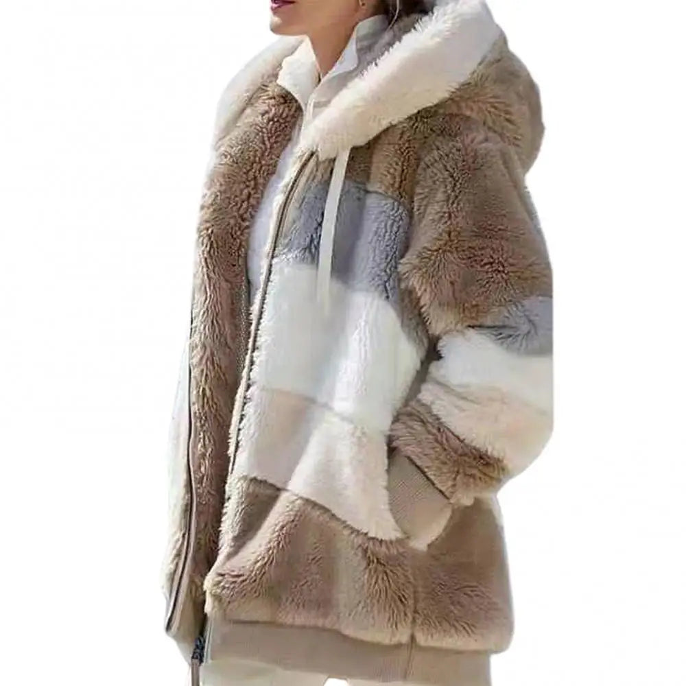 Women's Faux Fur Parka, Fall & Winter Long Sleeve, Color Block Zipper Hooded Coat, Warm and Cozy