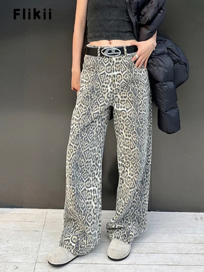 Wide-Leg High-Waisted Leopard Print Retro Jeans for Women, Y2K Oversized Casual Pants, Spring 2024