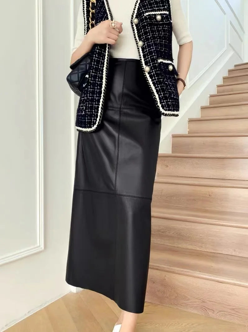 2023 Autumn/Winter Women Leather Maxi Skirt Feminino High End Vintage Back Split