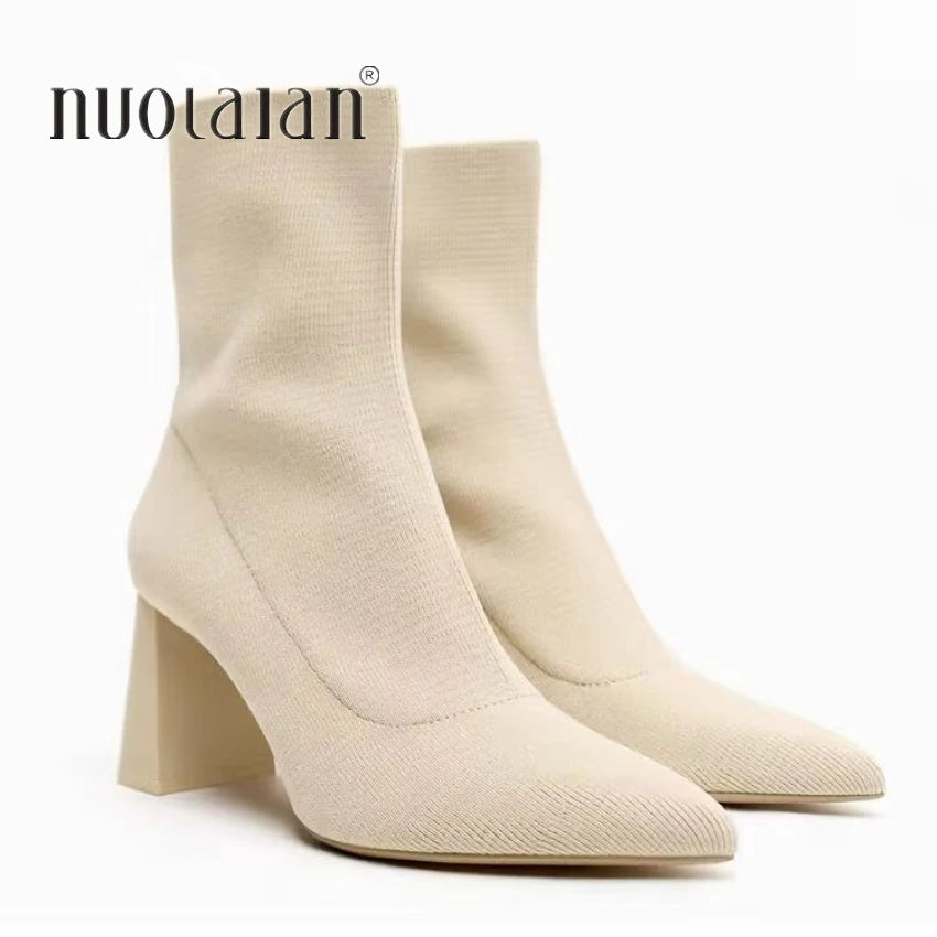 2023 Women's Autumn/Winter Knitted Sock Boots – Low-Heel Pointed Toe Ankle Booties (Size 42)