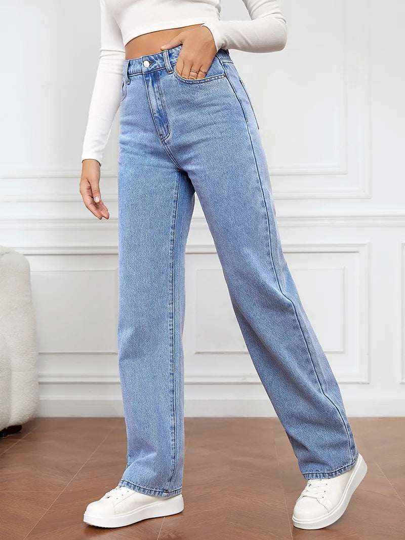 Women’s High-Waisted Straight-Leg Stretch Jeans - Washed Button-Zip Denim, Trendy Spring/Summer 2022 Fashion