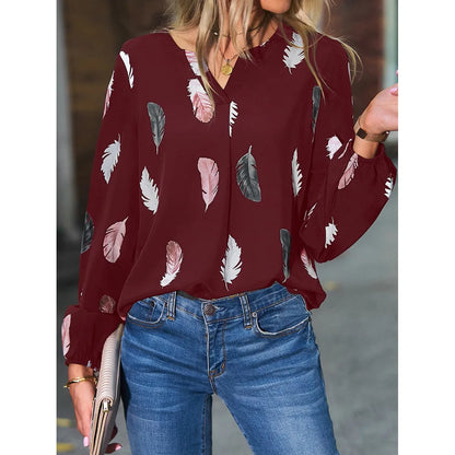 Women’s Feather-Pattern Chiffon Blouse – Elegant Long-Sleeve Fashion Top