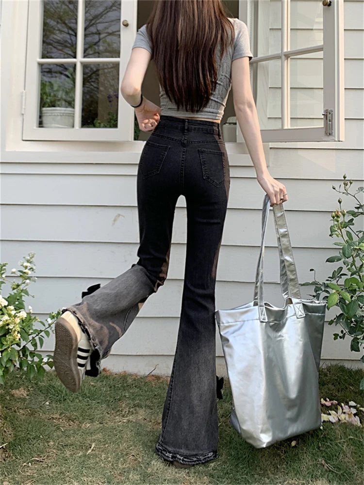 Women's Black Gray Gradient Split Design Flared Pants Street Style Bottoms Casual Denim Trousers Female High Waist Thin Jeans