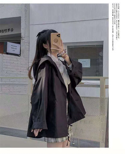 Black Short Hooded Trench Coat for Spring Autumn 2024 Casual Loose Fitting Slimm