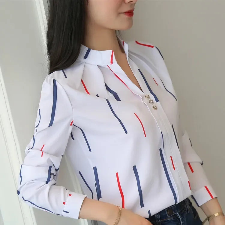 2024 Spring/Autumn Women's Casual Striped Blouse – Loose Long Sleeve Stand Collar Top in White