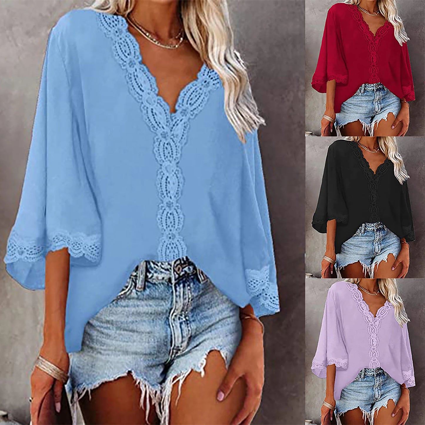 2024 Spring/Summer Flared-Sleeve Lace V-Neck Blouse – European & American-Style Loose Shirt for Women