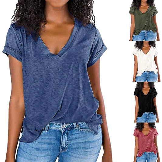 2023 Spring/Summer Women’s V-Neck Spliced Short-Sleeve T-Shirt – Loose-Fit Solid Color Top for Europe & America