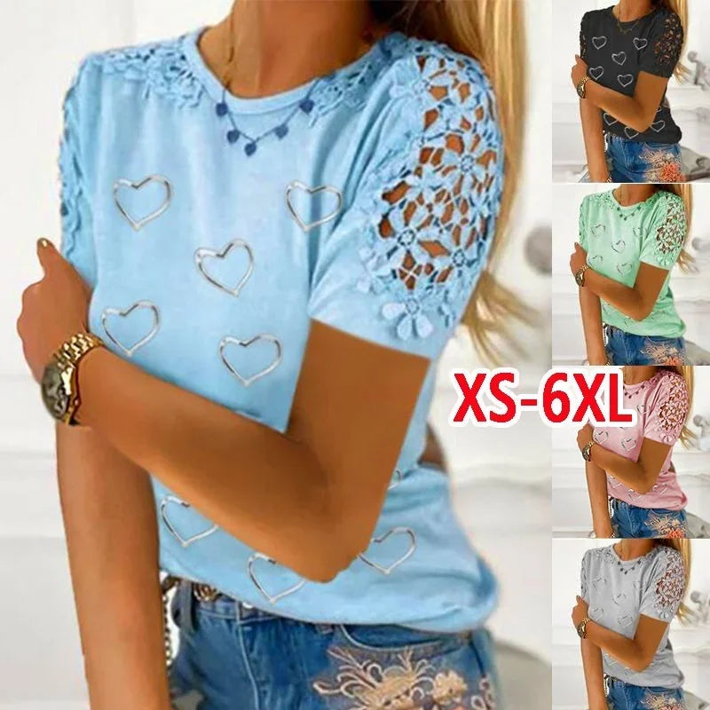 Women's Loose-Fit Heart Print T-Shirt – Casual Round-Neck Lace Hollow-Out Top for Spring & Autumn