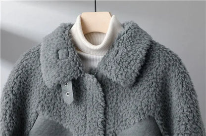 Casaco de lã de cordeiro curto feminino, jaqueta shearling granular, gola virad