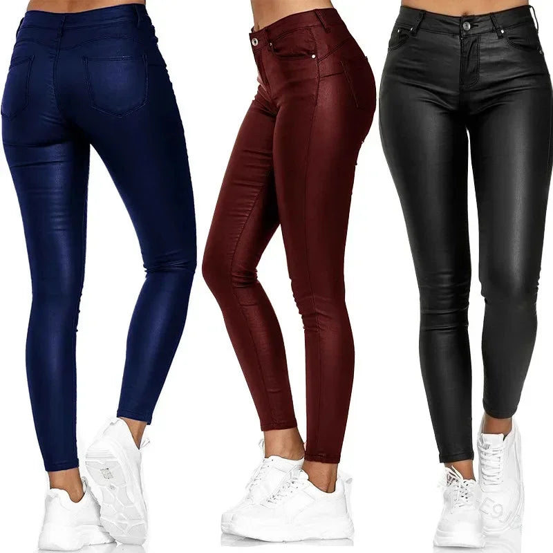 New Women's PU Leather Stretch Bodycon Pants - High-Waist Sexy Black Leggings, Long Casual Pencil Trousers, Plus Sizes XS-4XL