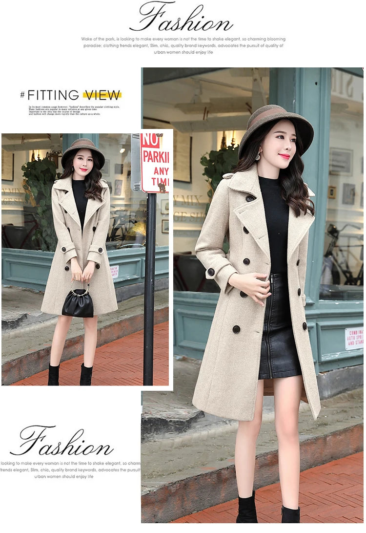 Korean Wool Blends Women Coats Lapel Double-Breasted Lined Trench Belt Ladies St