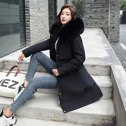 Women's Wool Hooded Jacket with Faux Fur Collar, Long Coat, Thick Warm Winter Snow Parka, Fashionable 2024 Winter Coat