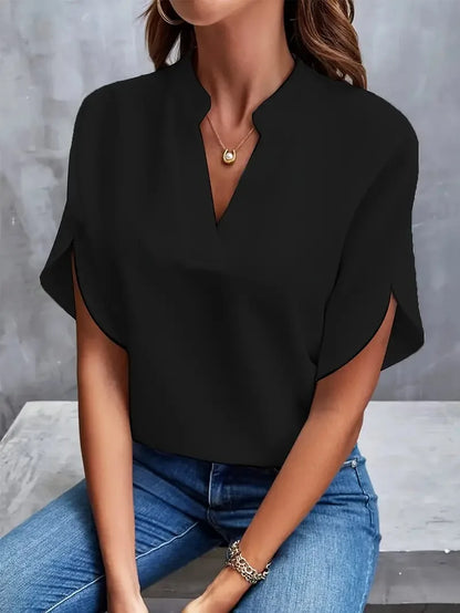 Elegant Summer Women's V-Neck Blouse – New Short-Sleeve Loose Solid White Top for Office & Casual Wear