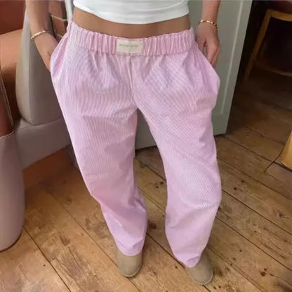 Nova moda listrado impressão calça longa feminina cintura elástica cordão ca