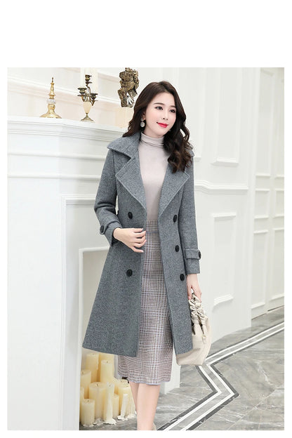 Korean Wool Blends Women Coats Lapel Double-Breasted Lined Trench Belt Ladies St