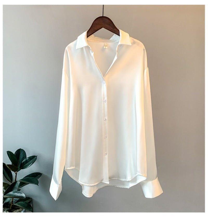 2023 Autumn Satin Overshirt – Elegant Korean-Style, Luxury Designer Long-Sleeve Office Blouse for Women