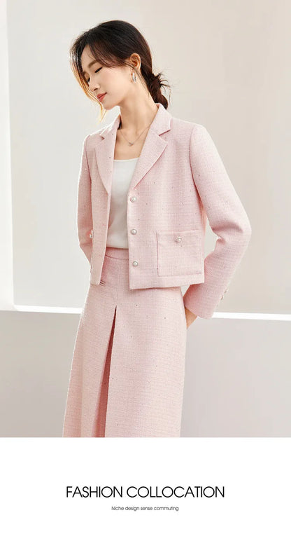 SENTUBILA Pink Elegant Cropped Tweed Jacket 2024 Spring Notched Single Breasted