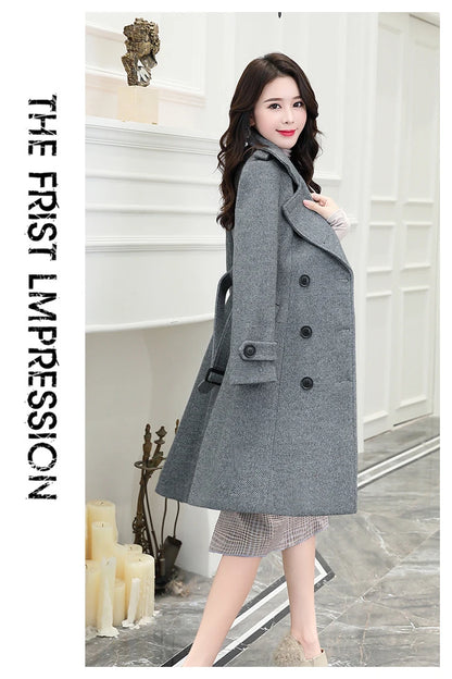 Korean Wool Blends Women Coats Lapel Double-Breasted Lined Trench Belt Ladies St