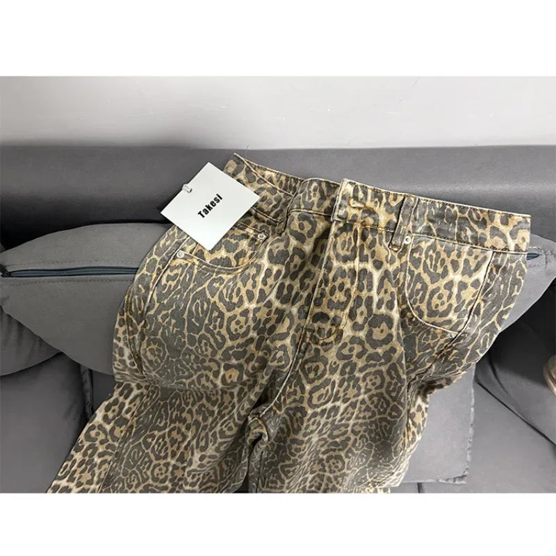 Wide-Leg High-Waisted Leopard Print Retro Jeans for Women, Y2K Oversized Casual Pants, Spring 2024