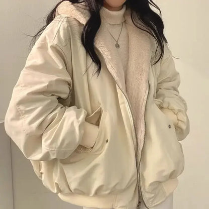 Women's Casual Hooded Jacket, Thick Parka, Comfortable Double Layer, Korean Style, Simple Solid Warm and Cute Jacket for Fall & Winter 2024