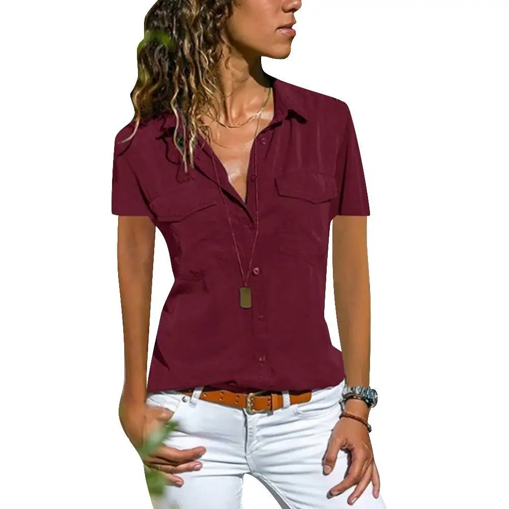 2024 Summer Elegance: Short-Sleeve V-Neck Blouse for Women – Versatile, Chic & Office-Ready