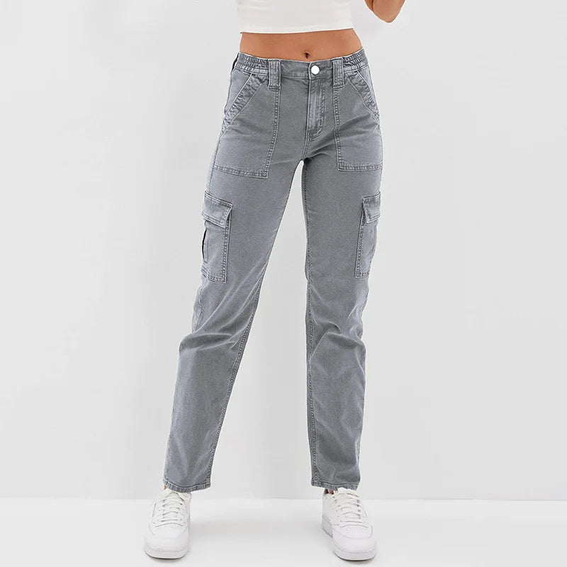 2023 New Women's Mid Waist Gray Multi Pocket Jeans Fashion High Stretch Denim Straight Leg Pants Casual Female Clothing S-2XL