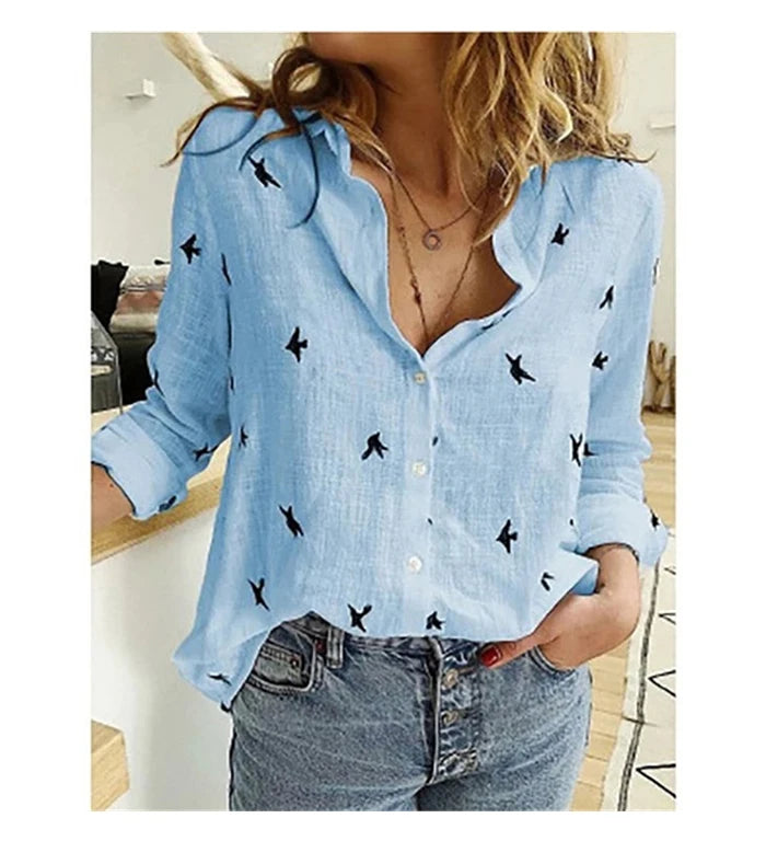 Vintage Streetwear Women's Oversized Bird Print Tunic – Casual Long Sleeve Cotton & Linen Blouse