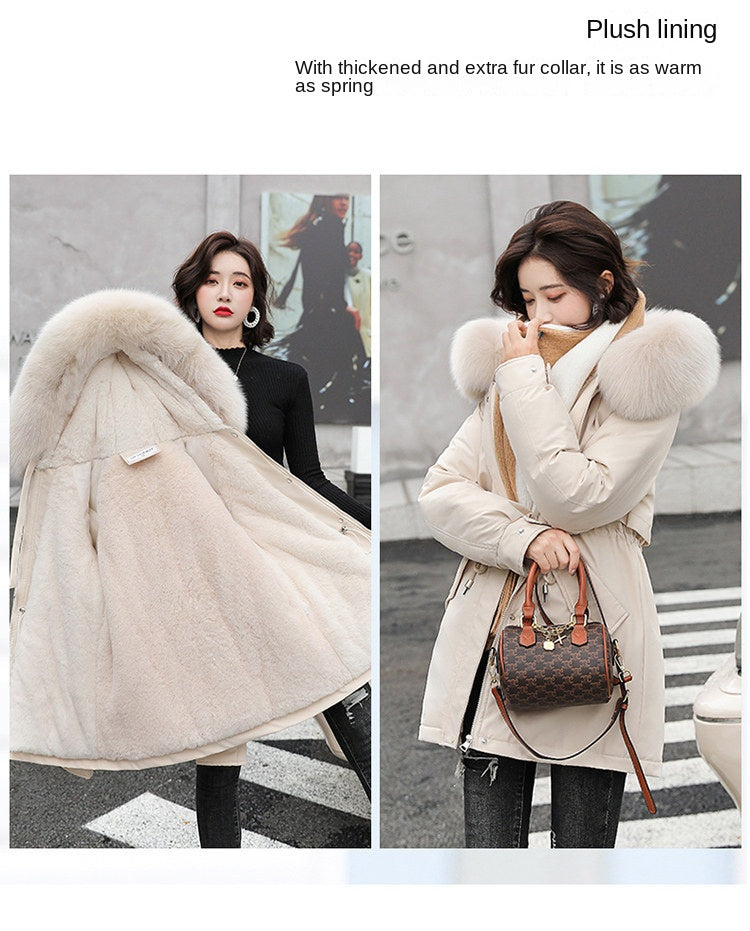 Women's Fine Wool Parka with Hood and Fur Collar, Warm Snowy Quilted Long Coat, Fashion Winter Outerwear 2023