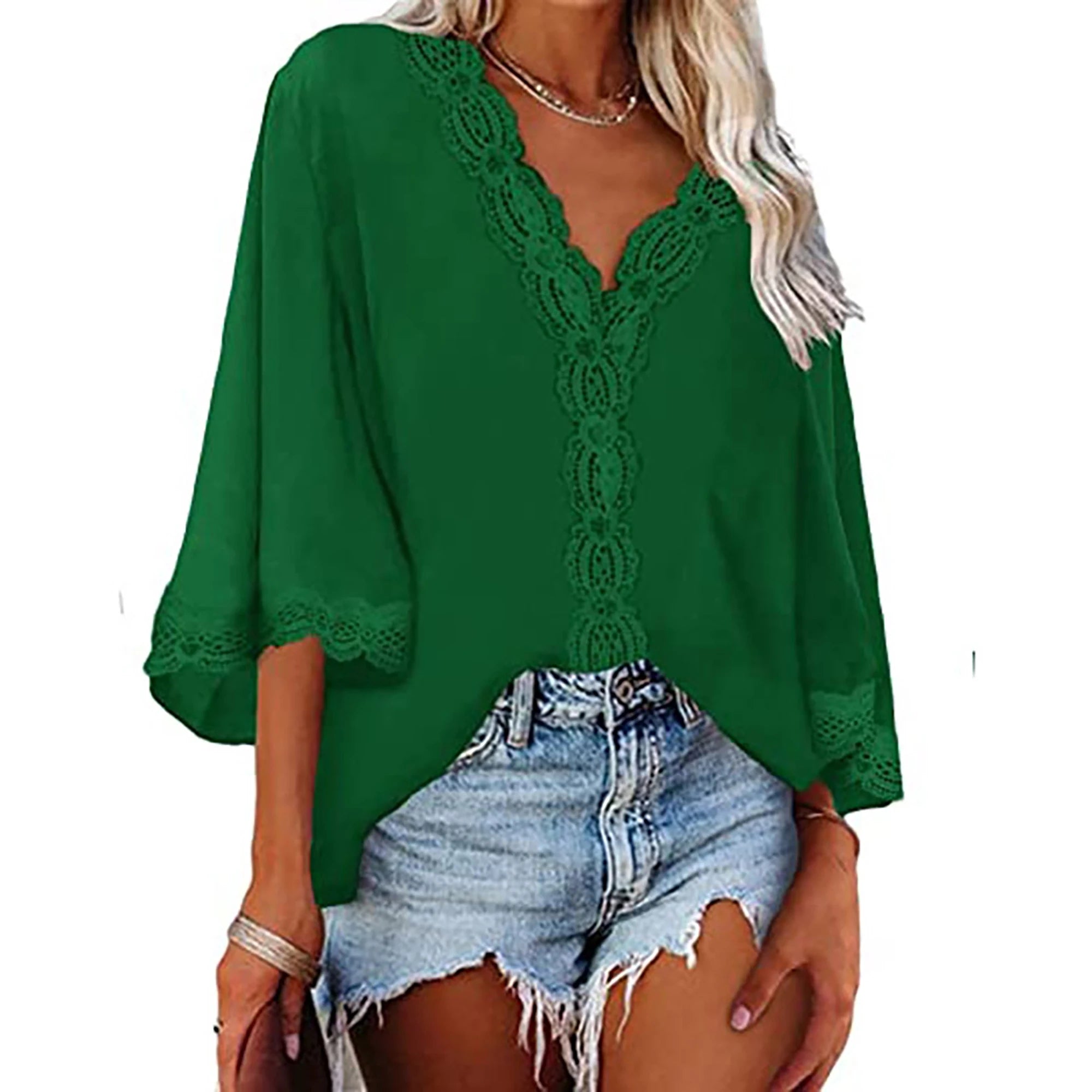 2024 Spring/Summer Flared-Sleeve Lace V-Neck Blouse – European & American-Style Loose Shirt for Women