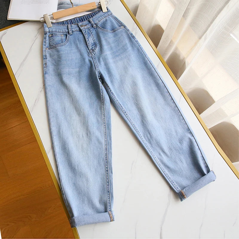 S-5XL Women Jeans Spring Autumn Elastic Waist Light Blue Loose Denim Pants 2023 New Harem Pants Female Casual Trousers