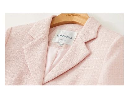 SENTUBILA Pink Elegant Cropped Tweed Jacket 2024 Spring Notched Single Breasted