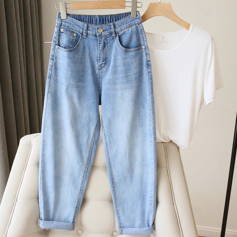 S-5XL Women Jeans Spring Autumn Elastic Waist Light Blue Loose Denim Pants 2023 New Harem Pants Female Casual Trousers