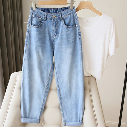 S-5XL Women Jeans Spring Autumn Elastic Waist Light Blue Loose Denim Pants 2023 New Harem Pants Female Casual Trousers