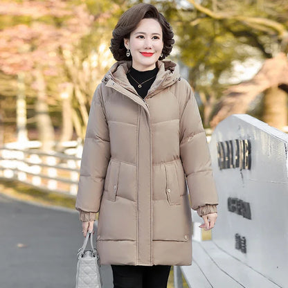 Monochrome Hooded Cotton Padded Parka for Middle-Aged and Grandmother, Long Coat with Fleece, Warm and Loose Fit, Winter Snow Coat