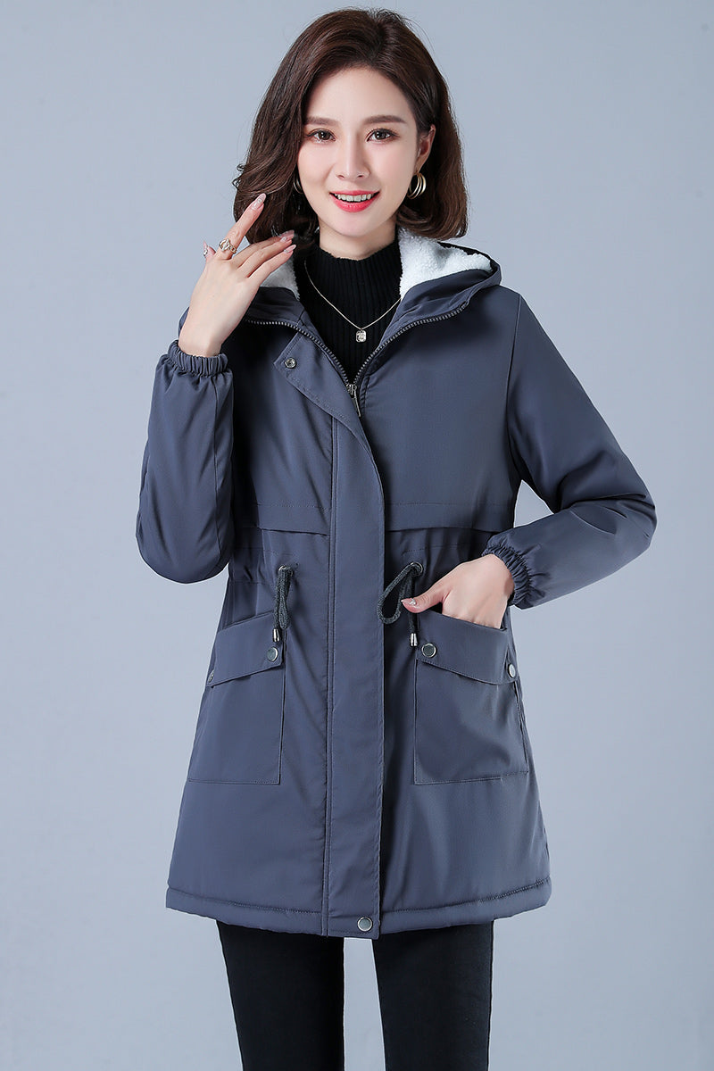 Women's Casual Cotton Parka with Fleece Lining, Hooded Trench Coat, Warm Puffer Jacket, Winter Outerwear